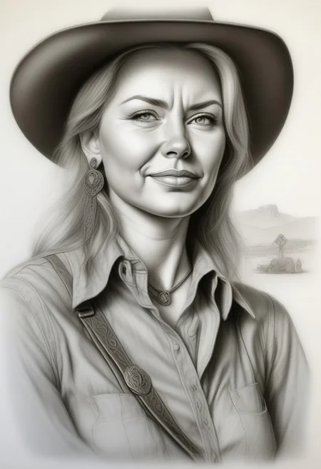 A girl with large eyes and fair skin. She is dressed in a stylish, wild-west-inspired outfit, wearing a long-sleeved blue shirt with many buttons and brown suspenders. Her hair is blonde and slightly messy. She is smiling brightly. Her shirt is unbuttoned to reveal a deep cleavage. She is wearing a white Stetson and a pendant. The background of the image is a Wild West town at noon. Jed-Pen
