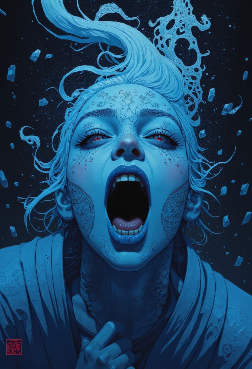 A cinematic extreme close-up of assassinmihq reimagined as a terrifying japanese ice witch. Her mouth is wide open in a menacing scream, revealing sharp, jagged teeth, as icy breath escapes into the frosty air. Her translucent, ocean-blue skin glows faintly, as if made of ice, with intricate frost patterns glistening across her face. Her wide, glowing eyes exude both beauty and terror, contrasting with the eerie perfection of her icy form. Backlighting creates a dramatic, atmospheric glow, illuminating the snowflakes swirling in the air and emphasizing the sharp edges of her frozen visage. The scene is chilling, intense, and hauntingly beautiful.