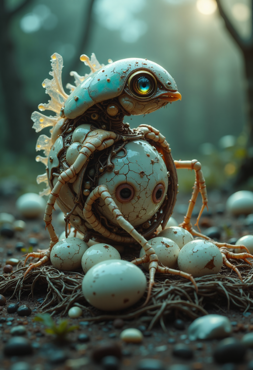 cinematic film still a monster fusion of an (chicken:1.5)(ferret:0.6) made out of b10t4c34an, iridescent exoskeleton, (outdoors on a farm:1.5), (sitting on:1.45) a nest of cracked broken (alien eggs:1.75)  . shallow depth of field, vignette, highly detailed, high budget, bokeh, cinemascope, moody, epic, gorgeous, film grain, grainy