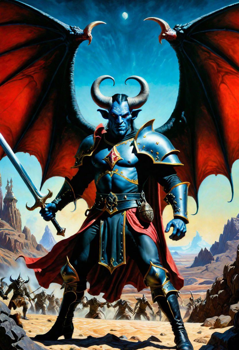 A hyperrealistic 8k photograph was captured by Sid Avery's Hasselblad camera, depicting close-up a handsome+ Tiefling shield bearer with pink++ skin and slender build during a battle+++, surrounded by goblins++, He has a bald head, neon yellow eyes, calm++ and handsome+ and detailed face, cold smile++, mysterious and ominous aura of dark shadows enveloping the figure, Lovecraftian Horror-themed, in the artistic style of Boris Vallejo, Shadows casting an uncanny atmosphere, hints of eldritch dark energy crackling, He is dressed in a musketeer outfit, high details and era-appropriate, He is wielding a magically radiating+ Backsword+ in the right hand, and he is holding a steel shield+++ in the left hand, the character has huge demonic wings++, Backdrop (background) of a focused scene of a battle with goblins next to a white-marbles palace, Mysterious composition, imbued with a dark, ambient 3d warm studio backlight.