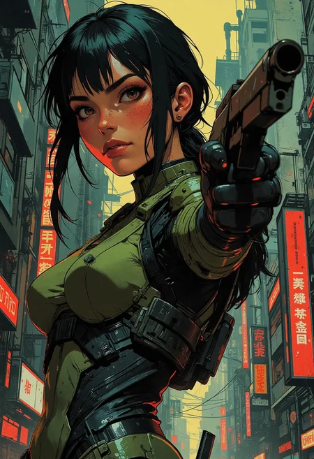 magnificent, closeup portrait, female bounty hunter, braided black hair, futuristic armor, halo spartan, spartan armor, sexy, curvy, large breasts, large ass, Shotgun, aiming shotgun, pointing shotgun, Cyberpunk City, Neon Lights, foreshortening,
looking at viewer, solo, smirk, cocky smirk,
Cowboy Shot, close up, from above,