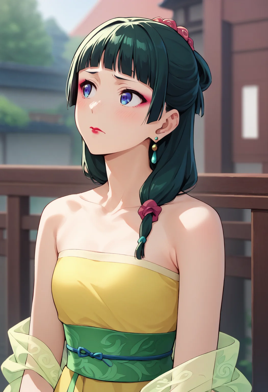 maomao, 1girl, solo, bare shoulders, blunt bangs, blurry background, blush, earrings, hair flower, hair ornament, jewelry, lipstick, makeup, red rose, upper body, embarrassed, sidelocks, strapless dress, yellow see-through shawl, green sash, cute hairstyle, green earrings, sphere earrings, pink hair scrunchie, hair over shoulder, hair beads, pink eyeliner, collarbone, looking to the side, sitting, BREAK
<lora:maomao_and_jinshi_ponyxl_v4:1>, score_9, score_8_up, score_7_up, score_6_up, anime