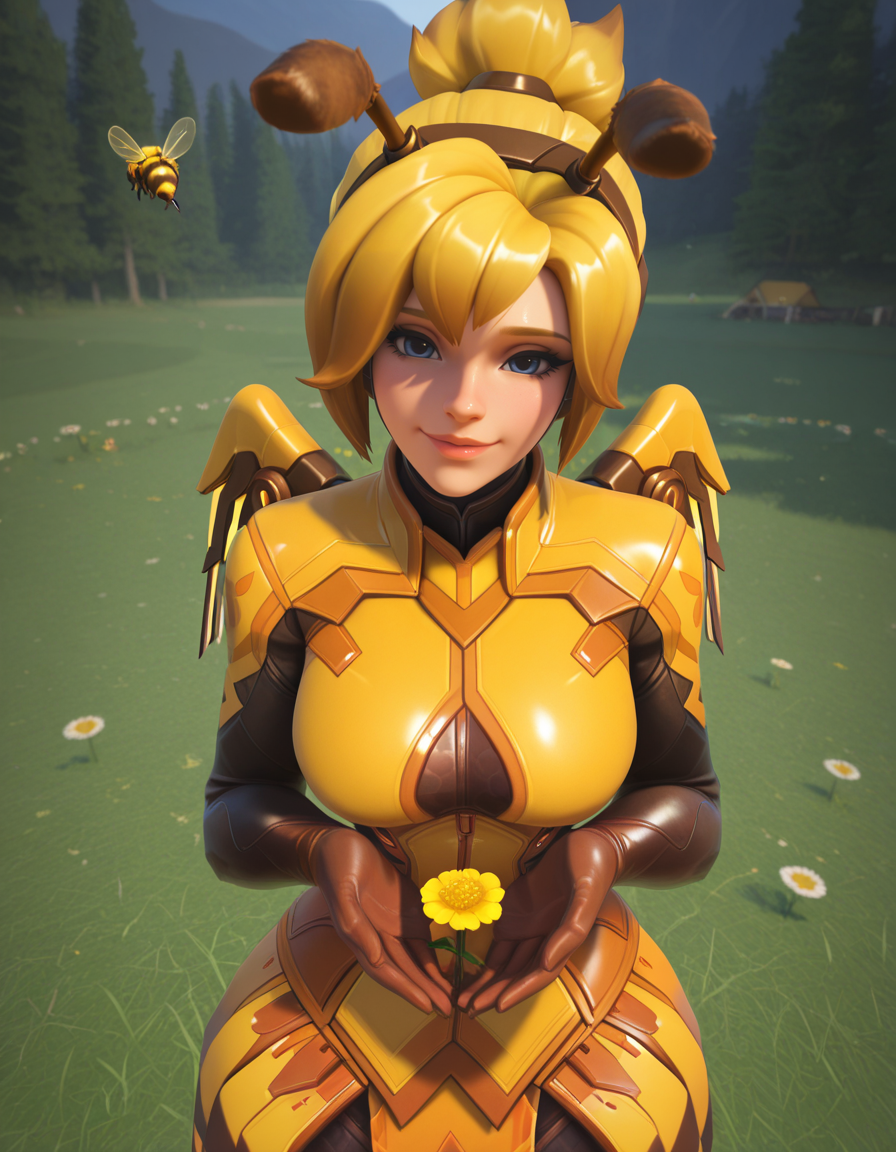 Masterpiece, high-res, 2k, best quality, 2.5d, 1girl, mercy (overwatch), beemercy , bee, headband <lora:bee_mercy_illus-000040:1>  in a flower camp On her side arms outstretched behind her