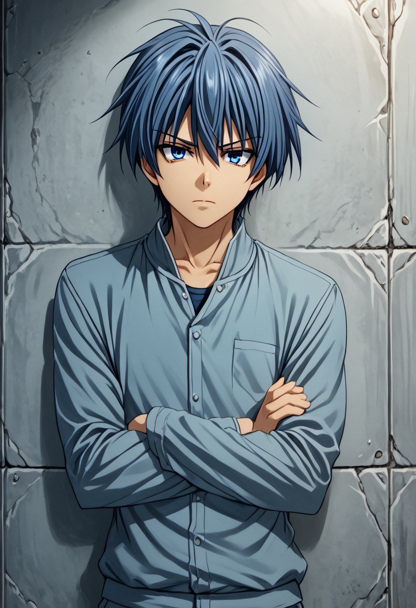 high resolution, solo, best quality, 1Boy, Tomoya Okazaki, Grey Blue Hair, blue eyes, Leaning against wall, arms crossed, confident, cool,