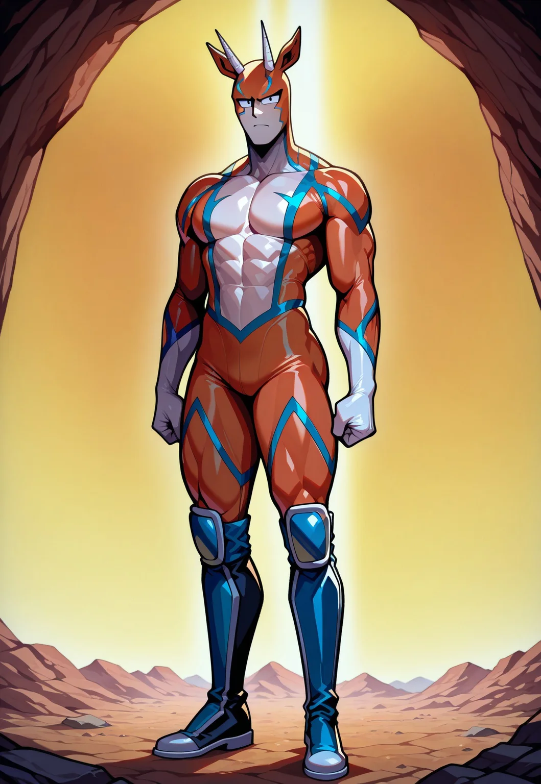 masterpiece, best quality, newest, absurdres, highres, gazelleman, solo, full body, 1boy, colored skin, bodysuit, horns, animal ears, black eyes, boots