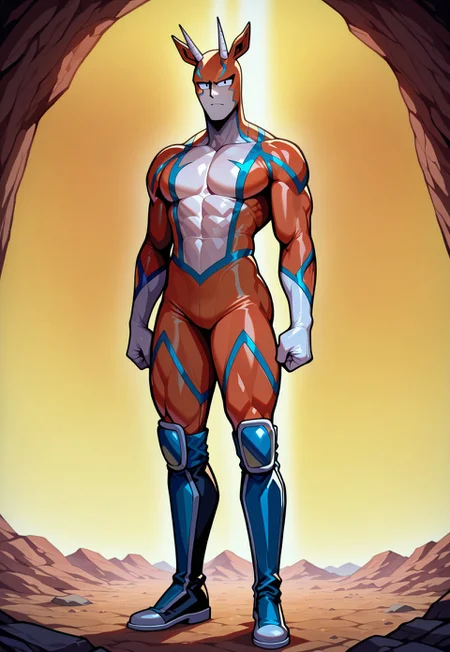 masterpiece, best quality, newest, absurdres, highres, gazelleman, solo, full body, 1boy, colored skin, bodysuit, horns, animal ears, black eyes, boots
