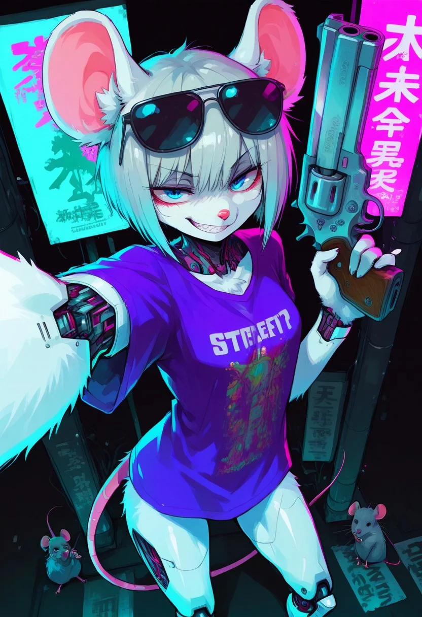 score_9, score_8_up, score_7_up, masterpiece, best quality, high quality, sharp lines, solo, luminescent background, 1girl, furry, fur, fur covered,
BREAK, anthro, skinny, petite body, small breasts, mouse, furry female, blue eyes, white fur, short haircut, gray hair, sunglasses on head, purple oversized t-shirt, bottomless, full cyborg, cybernetic arms, cybernetic legs, looking at viewer, smug, teeth, determined, dynamic pose, selfie, revolver pistol in hand, pointing with revolver on viewer, night, billboards, urban, cyberpunk, lights, detailed background, colorful, black background, pov from above