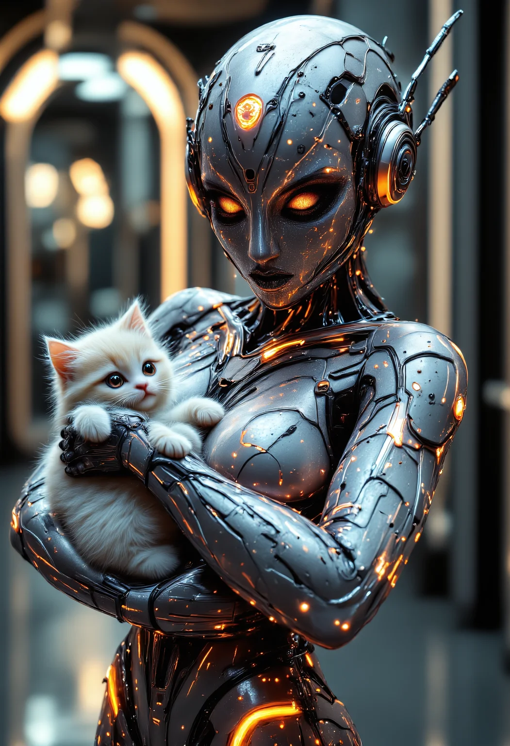 safe_pos, safe_pos, safe_pos, score_9, score_8_up, score_7_up, easynegative, Expressiveh, detailed eyes,Stable_Yogis_PDXL_Positives, ng_deepnegative_v1_75t, raw, realistic, 

The image depicts a futuristic, sci-fi scene featuring a humanoid figure with an intricate, mechanical appearance. The figure is wearing a form-fitting, ornate suit that appears to be made of a combination of metal and organic materials. The suit is adorned with glowing orange lights and intricate designs, giving it a high-tech, otherworldly look. The figure has a slender, elongated body shape with a head that is slightly larger than the torso, and the face is partially obscured by the helmet-like headgear. The headgear includes sharp, angular elements that extend outward, adding to the overall futuristic aesthetic. The figure's eyes are glowing orange, matching the lights on the suit. The figure is holding a small, white, fluffy animal that resembles a puppy|cat. The animal has large, expressive eyes that are also glowing orange, similar to the figure's eyes. The cat appears to be comfortably nestled in the figure's arms, suggesting a sense of companionship or affection between them. The background of the image is a blurred, futuristic setting with soft, ambient lighting, giving the scene a warm and inviting atmosphere. The overall composition of the image is visually striking, blending elements of science fiction and fantasy.