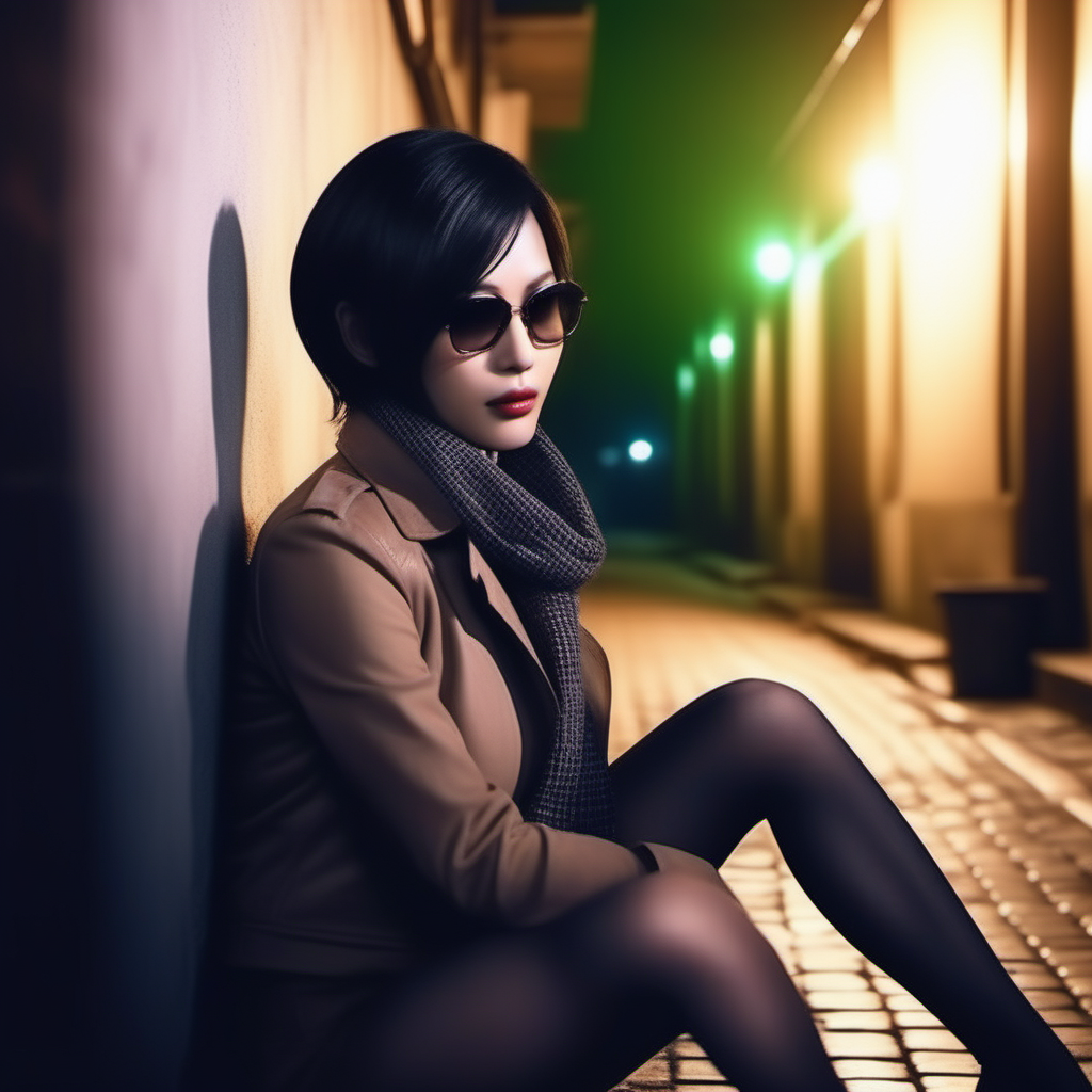 Ultra-realistic extremely detailed real life 8k masterpiece of a gorgeous asian woman re ada wong <lora:re ada wong:0.7> wearing black pantyhose tan incognito coat with checked scarf and sunglasses in a dark alley at night, extremely detailed facial features, dark scary epic lighting, horror composition