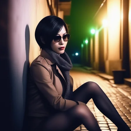 Ultra-realistic extremely detailed real life 8k masterpiece of a gorgeous asian woman re ada wong <lora:re ada wong:0.7> wearing black pantyhose tan incognito coat with checked scarf and sunglasses in a dark alley at night, extremely detailed facial features, dark scary epic lighting, horror composition