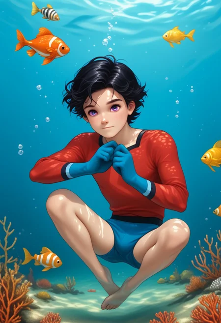 Underwater, fish, bubbles, 1boy, solo, cute boy, floating underwater, fully submerged, Aqualad, Black Hair, Purple eyes, red shirt, blue gloves, blue speedo, blue shorts,