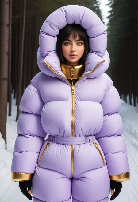 ((((puffer padded jacket)))), ((((puffer padded coat)))), ((((full body)))), ((((fur boots)))), ((((puffer pants)))), ((((puffer hood up)))), winter, snow, forest, 1girl, solo, (masterpiece), detailed face, detailed eyes, (beautiful detailed eyes:1.5), sidelighting, (super detail, hyper detail, intricate_details, detailed), (semi realistic:1.6), (Bob cut), blunt bangs,(black hair), (purple eyes, eyelashs), smug smile, angry face, Golden jewelery, golden rings, golden necklace, golden armlets, padded cuffs, padded collar, Thick padded cuffs, Thick padded collar, <lora:Collar-SDXL:0.6>, <lora:Cuffs-SDXL:0.6>, <lora:Puffer_Jacket_and_Down_Jacket_-_Extra_Puffy_Jackets:0.4>, <lora:snowpants_v1:0.4>