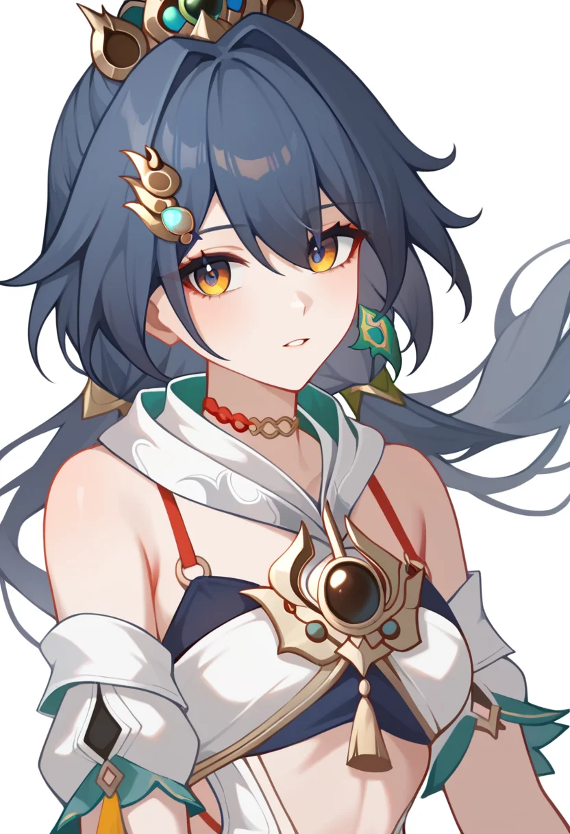 score_9,score_8_up,score_7_up,<lora:yunli:1>,yunli_(honkai:_star_rail), jewelry, 1girl, upper_body, simple_background, white_background, white_dress, bare_shoulders, solo, breasts, looking_at_viewer, parted_lips, crown