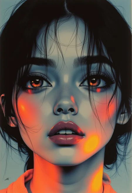 Create a close-up painting of a person with expressive eyes that capture a deep sense of emotion. The subject’s face should be illuminated by soft, natural light, highlighting the intricate details of their skin texture and the subtle hues in their eyes. Incorporate Nihonga elements by using traditional Japanese pigments and techniques, adding a delicate, hand-painted quality to the portrait. The background should be blurred to keep the focus on the subject’s face, with glowing, multicolored elements subtly integrated into the hair and around the eyes, creating an ethereal, almost magical atmosphere. The overall composition should evoke a sense of intimacy and connection with the viewer, blending the timeless beauty of Nihonga with modern, glowing accents.