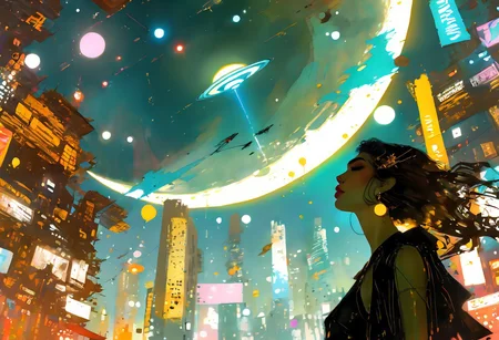 score_9, score_8_up, score_8_up, ((Cinematic composition)),((masterpiece)), (resplendent highlighting), 8k.
A beautiful girl stands looking up at a night sky full of invading alien spaceships, the city is ablaze, citizens can be seen fleeing.
break
The background is a moonlit night sky, with a large, full moon casting an eerie glow over the scene. the city is burning. Alien Spacecraft are attacking and landing in the background.
Ink, Charcoal and watercolours. impressionistic. (Klimt :1.2) dadaistic collage (by Bill Sienkiewicz:1.5), strikingly alluring face. brilliant spotlight effect. Vibrant thick dripping paint. Intense detail, realistic, dynamic shadows and contrasts. Matte and faded background colours.surreal, intense colors, liquid, unreal parts, alluring, fluid, perfection, gothic. (Luminous skin dynamically highlighted), Illustration, (klimt:0.8) (Bill Sienkiewicz:1.5). maximum detail, Chinese watercolor and ink technique. Gold leaf highlights.
<lora:xl_more_art-full_v1:0.4> <lora:epi_noiseoffset2:1>3