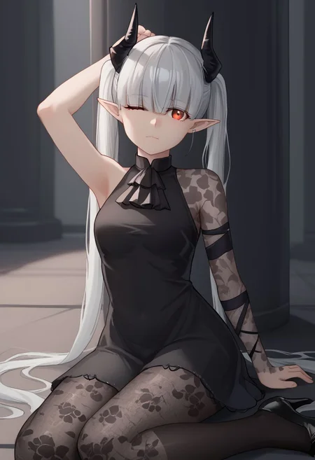 1girl, solo, tehepero, dojikko pose, one eye closed, arm up, hand up, head tilt, chained_sarkaz_girl, black dress, single leg pantyhose, asymmetrical clothes, patterned clothes, single sleeve, black sock, kneehigh, black footwear, high heels, black ascot, hair over eyes, eyes visible through hair, demon horns, blunt bangs, red eyes, pointy ears, pale skin, white hair, grey hair, twintails