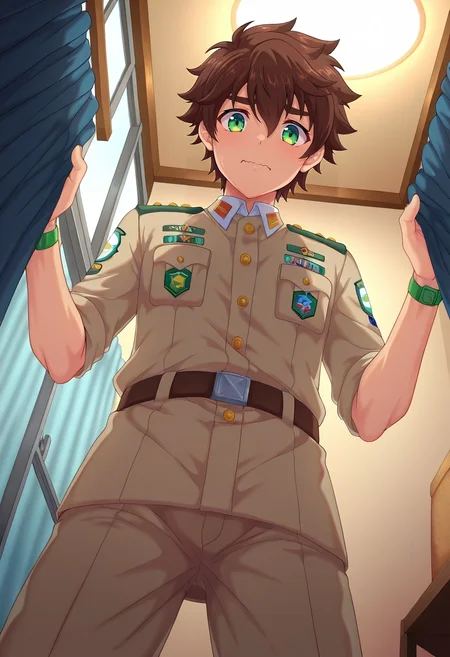 masterpiece, best quality, intricate details, anime screencap, , , looking at viewer, , 1boy, solo, male focus, <lora:keitaro_nagame_ilxl:0.92>, keitaro_nagame, brown hair, green eyes, short hair, , uniform, from below, apartment, indoors, light, w arms, wavy mouth, closed mouth,