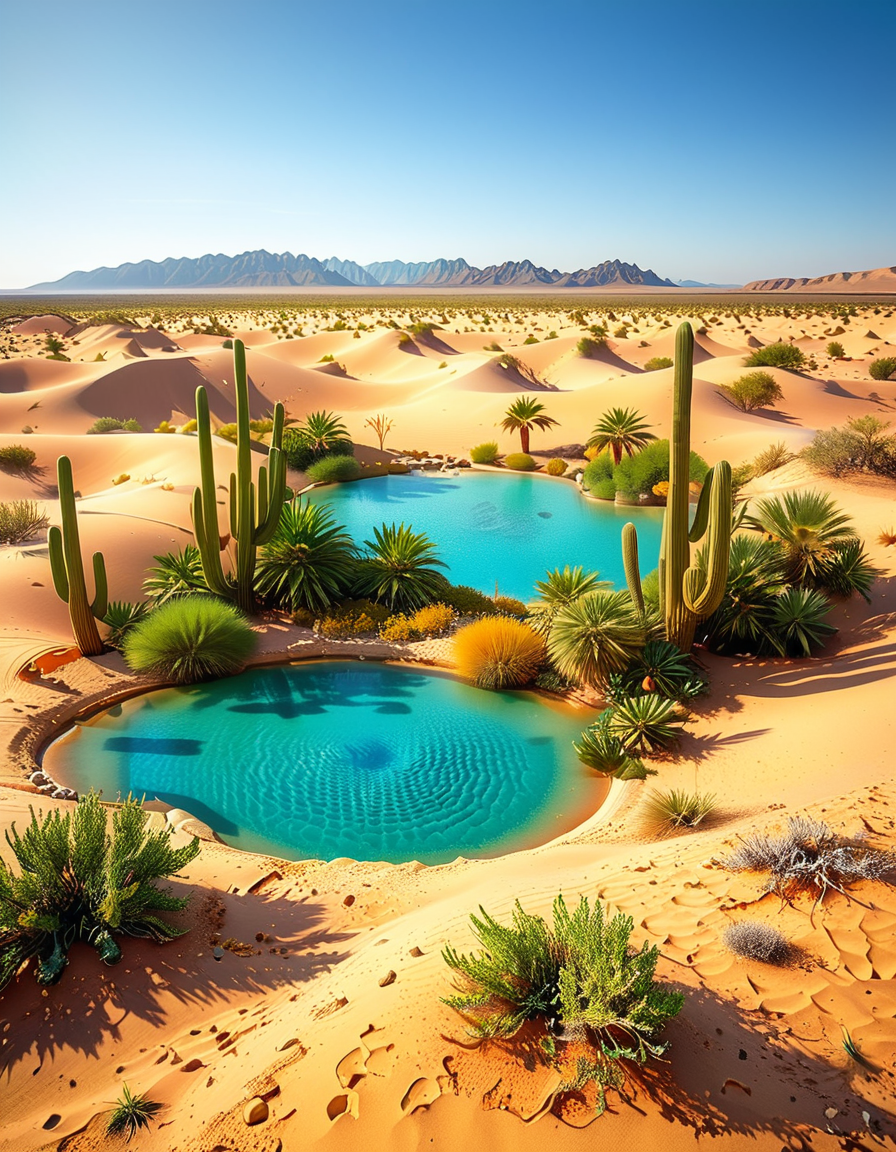A serene oasis in the middle of an expansive golden desert, surrounded by rolling sand dunes under a vibrant blue sky. The oasis features a small, crystal-clear lagoon with calm, reflective water, bordered by lush green palm trees and colorful tropical plants. The scene is bathed in warm sunlight, with soft golden light illuminating the sand and creating subtle shadows among the dunes. In the background, faint silhouettes of distant mountains blend into the horizon. A few wisps of white clouds drift lazily in the sky, adding depth and texture to the composition. The overall atmosphere is peaceful and tranquil, evoking a sense of calm and wonder in the harsh desert landscape.<lora:SDXLFaeTastic2400:0.4> <lora:extremely_detailed:0.4> extremely detailed, <lora:O4s1s:1>,O4s1s, Masterpiece,best quality,hi res,8k,hi res,8k,award winning,(sharp focus, intricate, highly detailed),