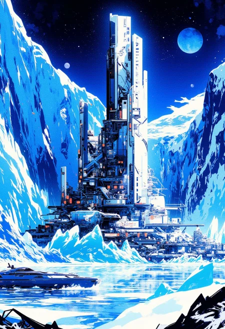 Inkpunk Anime, blue and white theme, Abstract digital painting in the style of ck-js, icy snow-covered landscape, Artemis Station at the edge of an icy ocean with icebergs, its sleek towers a stark contrast to the snow surrounding it, with a harbour featuring research ships moored. The planet’s sun casts a vivid, surreal light across the station, while deep fissures filled with glaciers mark a stark background. The sky is a dark blue, with a moon hanging low in the horizon