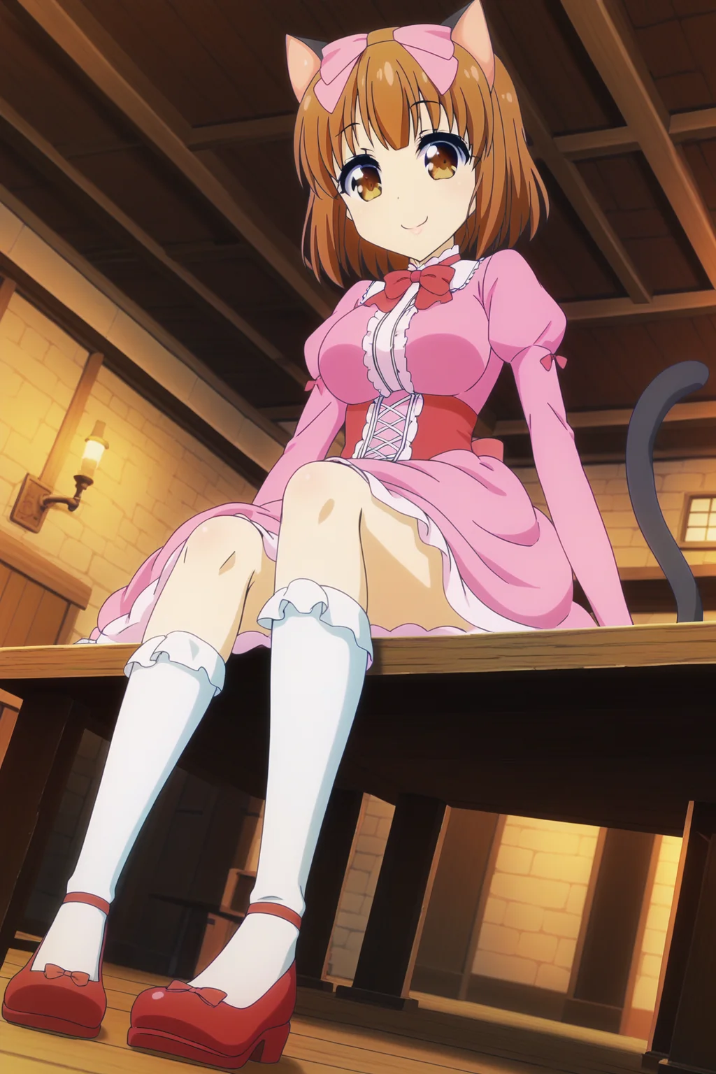 1girl, solo, <lora:Nekohime _ Netoge no Yome wa Onnanoko ja Nai to Omotta _ Pony _ v1:1>, cat ears, hair bow, pink bow, brown hair, short hair, brown eyes, cat tail,
bowtie, red bow, pink dress, juliet sleeves, long sleeves, white kneehighs, red footwear,
looking at viewer, smile, sitting, 
full body, indoors, tavern, dutch angle, from below,