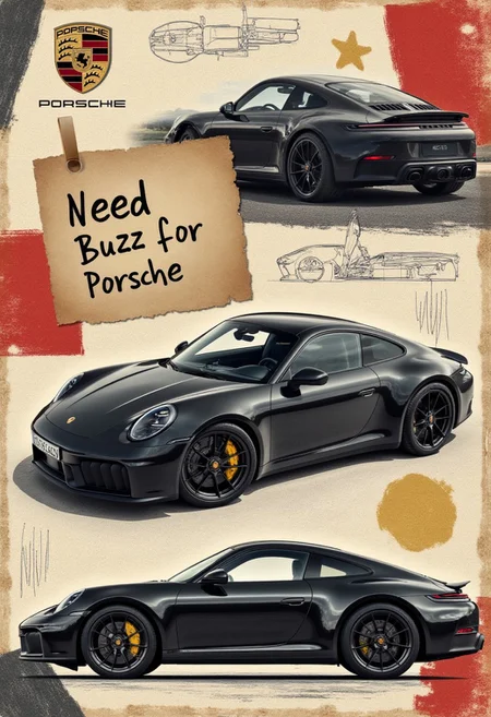 A dynamic collage with a vintage-inspired yet modern automotive theme. The central focus is on elements of Porsche design: a classic Porsche emblem, detailed sketches of a Porsche 911 GTS body and interior, and sleek metallic outlines. A luxurious Porsche 911 GTS is shown from an overhead view, emphasizing its curves and glossy finish. Surrounding this, a whimsical touch appears in the form of a hand-written note on fabric that reads 'Need Buzz for Porsche,' blending humor with the aspirational tone. The background features design textures, car details like tail lights, and parts of the dashboard, creating a layered, artistic representation of automotive passion, heritage, and modern luxury.