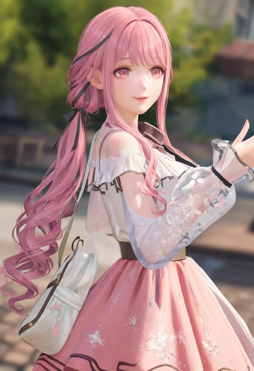 1girl,pink hair,blurry background,pink skirt,skirt,solo,see-through,long hair,bag,smile,see-through sleeves,pink eyes,ribbon,
masterpiece,year 2024,newest,highres,absurdres,
<lora:nuannuan_NoobVpred65S:1>,
