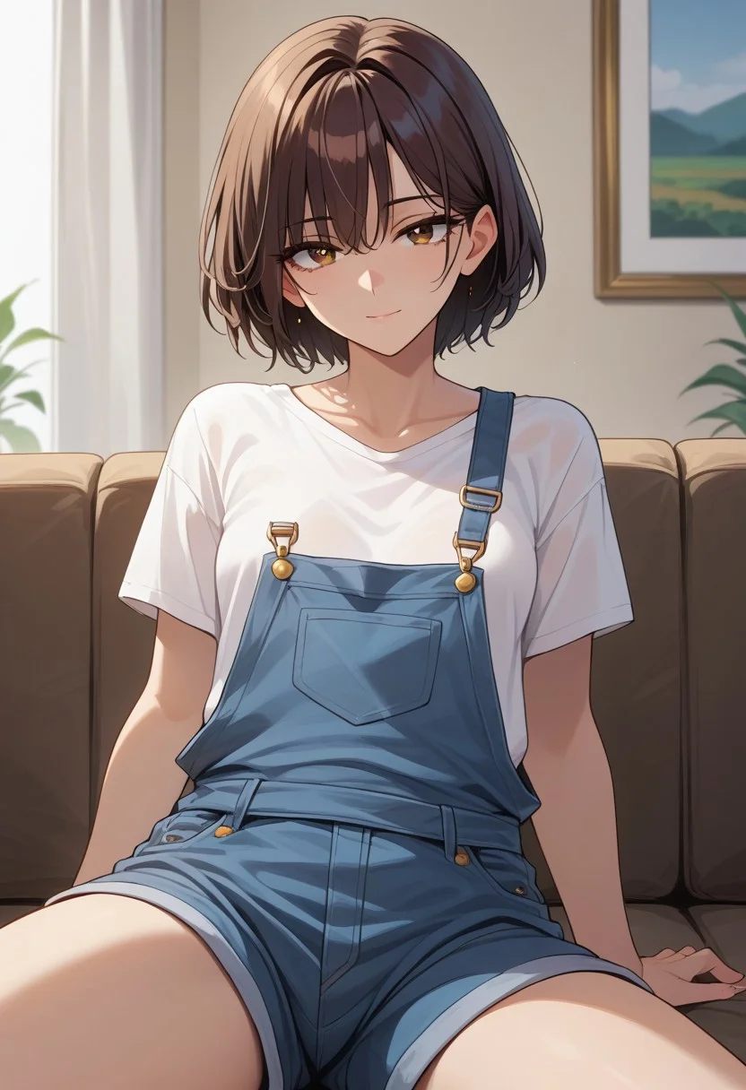 score_9,score_8_up,score_7_up, solo,1girl, (masterpiece, detailed:1.2), manhwa
A cool woman, beautiful, Right side parting hairstyle, hair behind the right ear, no bangs, short hair, dark brown hair, brown eyes, small breasts, tall, ultra-skinny, The most beautiful, Mature women, 19yo,
White loose T-shirt, dark blue loose overalls,
Sofa, sitting or lying on the sofa, sexy posture, looking at you, seductive eyes,