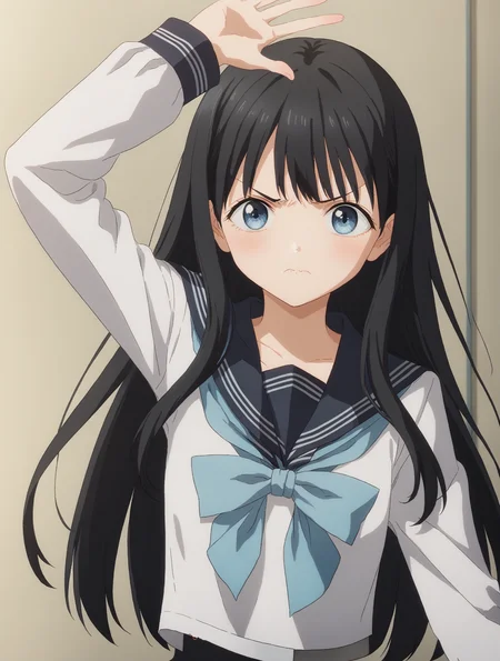 score_9, score_8_up, score_7_up,
1girl,solo,looking at viewer,
<lora:gostlapped.pony.v3:0.4> (imminentslap, readytostrike, arm up:1)
(angry:0.6), disappointed,
<lora:komichi-akebi-s1-ponyxl-lora-nochekaiser:0.8> komichi akebi, long hair, bangs, blue eyes, black hair,, shirt, long sleeves, bow, school uniform, white shirt, serafuku, sailor collar, neckerchief, blue bow, black sailor collar, blue neckerchief,