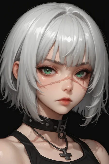 1girl, 1girl,solo,looking at viewer, short hair, bangs, simple background, bare shoulders, jewelry, ,closed mouth, green eyes, white hair, grey hair, medium hair, necklace, collar, scar, black background, portrait,, scar on face, scar across eye, covered collarbone
<lora:RI--Mixmain:1>