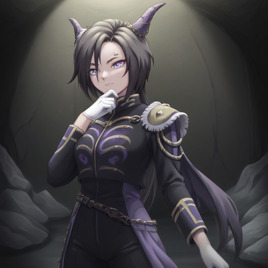 Naruto_Manda, (hybrid snake human), female, purple religious tunic, sleeves, hood, scaly skin, (scales:2), green eyes, reptile eyes, inside cave, human bones on floor, jewelry, holding human skull, airshakurprime, low wings, horse tail, sharp teeth, horse ears, ear ornament, single ear cover, horns, heterochromia, purple eyes, yellow eyes, black jacket, epaulettes, aiguillette, long sleeves, white gloves, black pants, eyebrow piercing, ear piercing