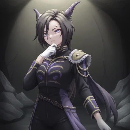 Naruto_Manda, (hybrid snake human), female, purple religious tunic, sleeves, hood, scaly skin, (scales:2), green eyes, reptile eyes, inside cave, human bones on floor, jewelry, holding human skull, airshakurprime, low wings, horse tail, sharp teeth, horse ears, ear ornament, single ear cover, horns, heterochromia, purple eyes, yellow eyes, black jacket, epaulettes, aiguillette, long sleeves, white gloves, black pants, eyebrow piercing, ear piercing