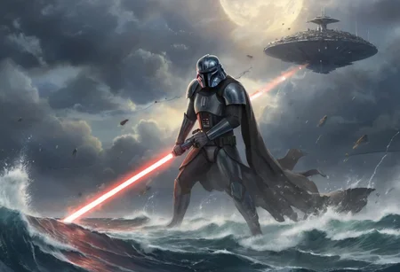 a (solo:1.5) black white lizard with (star wars armor:1.5) sword on belt (cockpit instruments view:1.5) inside star-wars style spaceship over (ocean:0.5) (waves:0.5), in the middle of sea, with (apocalyptic:1.5) stars comets meteors burning planet,
dawn, heavy rain, wind, windy, typhoon, hurricane, tropical storm, fog, mountain, sky, cloud, deluge, rainforest,
(anime:1.5) , anime screencap in mnst artstyle, full body character portrait landscape