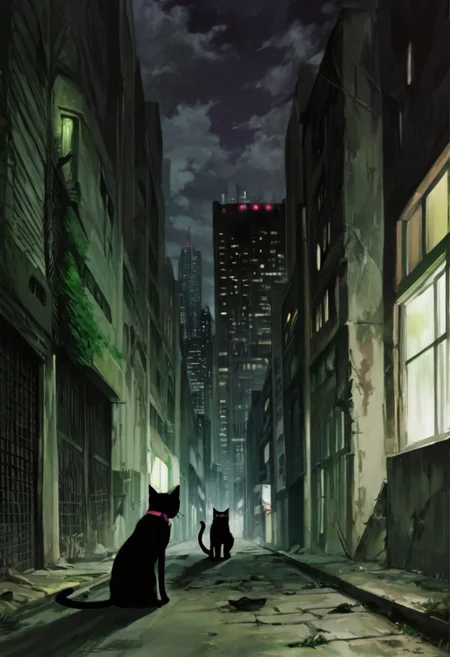 D4RK3RTH4NBL4CK, source_anime, source_hentai, source_anime, cityscape, score_9, score_8_up, score_7_up, score_6_up, solo focus, black_cat, cat, (no_humans), purple eyes, red collar, urban, night, cloudy, noir, concrete, wall, technology, sci-fi, darker_than_black, anime