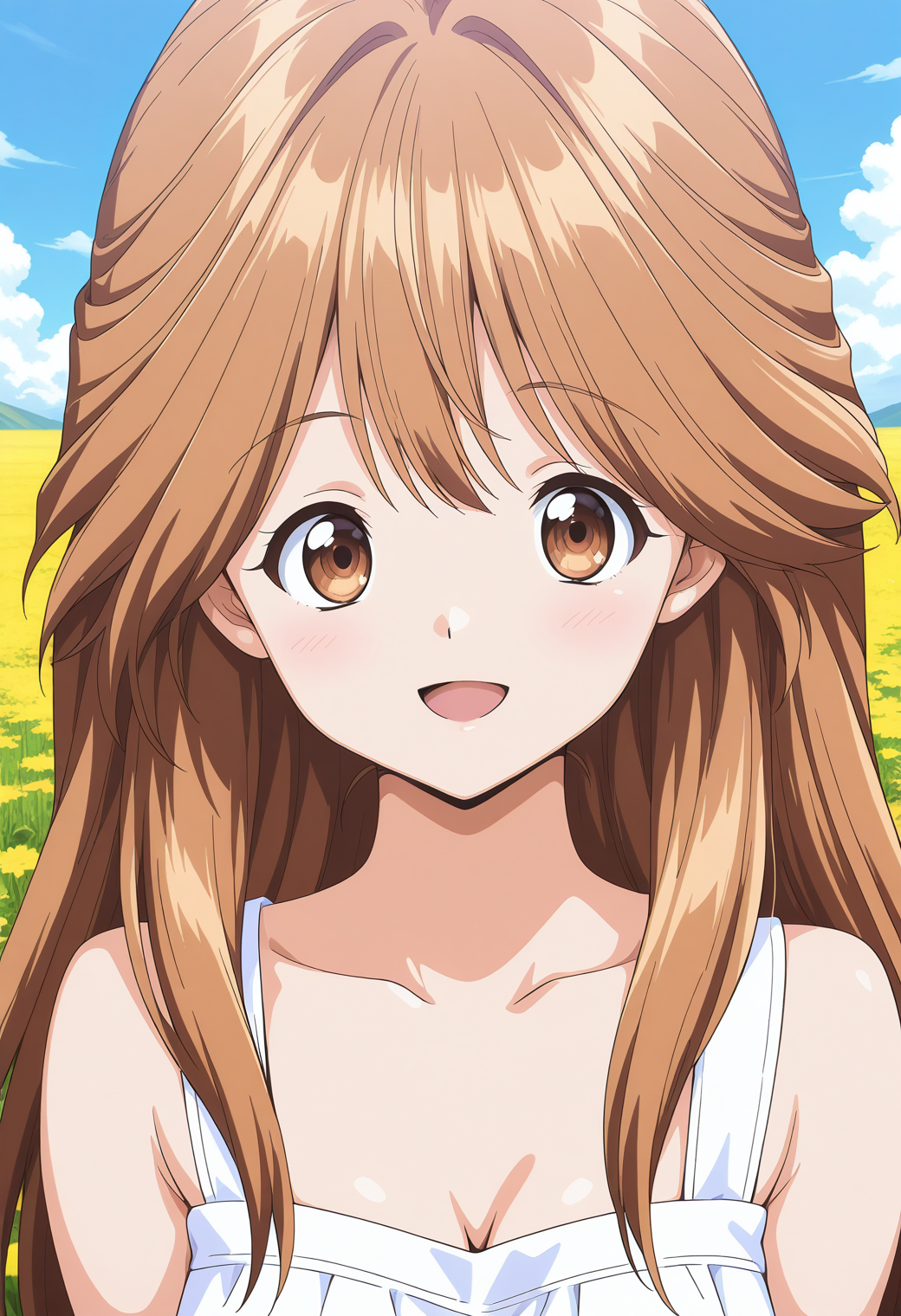 kawai_iyona, brown eyes, brown hair, long hair, cleavage, dress, <lora:kawai_iyona_illustrious_ver1:0.8> 
smile, open mouth, 1girl, solo, (field:1.2), (blue sky:1.2), looking at viewer,, masterpiece, best quality, general,, (upper body:1.2), (close-up:1.2), (facing viewer:1.2), (open eyes:1.4), (portrait:1.2)