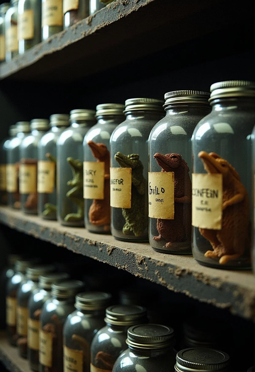 Close up. A row of dimly lit shelfs containing several jars, tightly packed, closed with lids on them. On the jars are small yellowed paper labels with strange names on them. Inside the jars are small dead dragons preserved in formaldehyde. The dragons have detailed slightly reflective scales. Each dragon has a different color. The colors are jaded, toned down. Eyes are closed. It is dark, low light. There is dust on the shelf and on the jars.