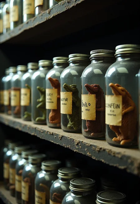 Close up. A row of dimly lit shelfs containing several jars, tightly packed, closed with lids on them. On the jars are small yellowed paper labels with strange names on them. Inside the jars are small dead dragons preserved in formaldehyde. The dragons have detailed slightly reflective scales. Each dragon has a different color. The colors are jaded, toned down. Eyes are closed. It is dark, low light. There is dust on the shelf and on the jars.