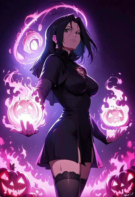 score_9, score_8_up, score_7_up, score_6, ultra detailed, side view, whr0b1n
BREAK
A witch in a long black dress stands by a altar in the forest. her long hair catches the night breeze moving through the ancient forest. magic bats fly in the air. a pentagram glows on the ground below her. sheis casting Pumpkin spell. candles and crystals cover the altar.
BREAK
 minomi, one beautiful girl, yen_w3, mature female, femme fatal, milf, perfect hands, brown eyes, long black hair, pentagram necklace, black thighhighs, lace thighhighs, thick, curvy, reij-bewitched, modern magician interior, alchemist interior, gothic, night, neon light, dark dimmed light, looks at the viewer, (floating pumpkins:1.2), upper body, (front view:1.2), from below, reij-drkrt, dark colored shadow, neon details, low contrast, (purple color grading), <lora:reij-darked:0.5>