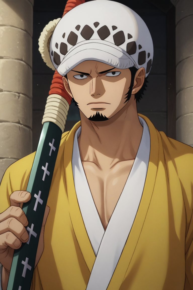 score_9, score_8_up, score_7_up, source_anime, intricate details, (photorealistic:0.6), , , , 1boy, solo, male focus, <lora:law_trafalgar_pony:0.88>, law_trafalgar, black hair, black eyes, short hair, facial hair, sideburns, long sideburns, goatee, hat, post timeskip, wano country arc, weapon, sword, sheathed, holding weapon, toga costume, ancient greece, , <lora:sdxl_lightning_8step_lora:1>