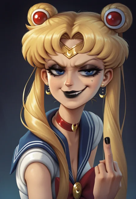 N4KV1, stylized, semi_realistic, masterpiece, best quality, solo, sailor moon, blonde hair, blue eyes, mascara, smug, middle finger, goth, black lipstick,
