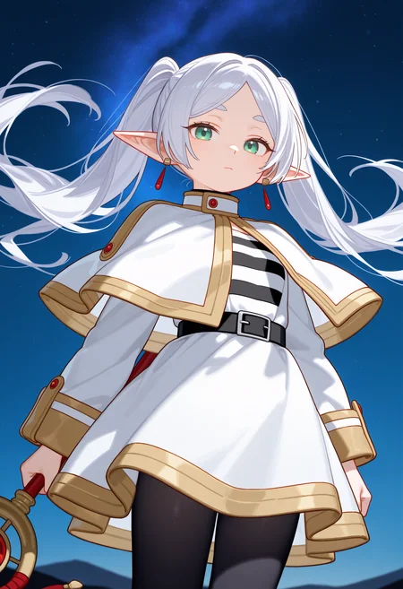 omo-socratesax,frieren,1girl,solo,pointy ears,twintails,staff,long hair,holding,white capelet,earrings,capelet,jewelry,looking at viewer,green eyes,holding staff,long sleeves,night,floating hair,sky,elf,night sky,outdoors,star \(sky\),upper body,white hair,shirt,striped,bangs,starry sky,cowboy shot,legs, black pantyhose, ,masterpiece,best quality,newest,absurdres,highres,very awa