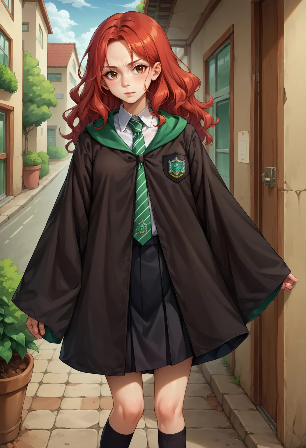 score_9, score_8_up,score_7_up, source_anime, 1girl, solo, red hair, wavy hair, long hair, brown eyes, <lora:EPRobeSlytherinPDXL:1>, EPRobeSlytherin, wearing EPRobeSlytherin, black robe, hood down, wide sleeves, green necktie,  diagonal-striped necktie, white shirt, collared shirt, badge, black skirt,  black legwear, kneehighs,  standing, outdoors,