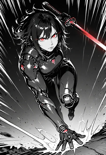 solo,
piercing gaze, angry, serious, determined, confident, glowing eyes,
futuristic steaming_hot blade, red glowing katana, (dynamic pose:1.2), armored,
depth of field, motion blur, motion lines, energy lines, running towards viewer, attack, incoming attack,
dimly lit, dramatic lighting, volumetric lighting, dark,
wide short, imposing, dutch angle,,
monochrome,
v2.0,
<lora:Dot_Comics:1>, masterpiece, best_quality, amazing_quality, very_aesthetic, 8k, high_quality, highres, absurdres, subject_focus,, detailed eyes, perfect eyes, realistic eyes,, mechanical limbs, cyborg, cybernetic, futuristic, mechanical joints, robot,