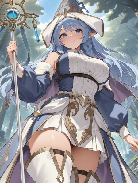 water enchantress of the temple, blue witch hat, witch dress, blue detached sleeves, white thighhighs, 1girl, staff, holding staff, smile, outdoors, solo, looking at viewer, large breasts, from below, forest
masterpiece,best quality,amazing quality,very aesthetic,absurdres,newest,<lora:Water Enchantress of the temple illuXL v1.1:0.7>,