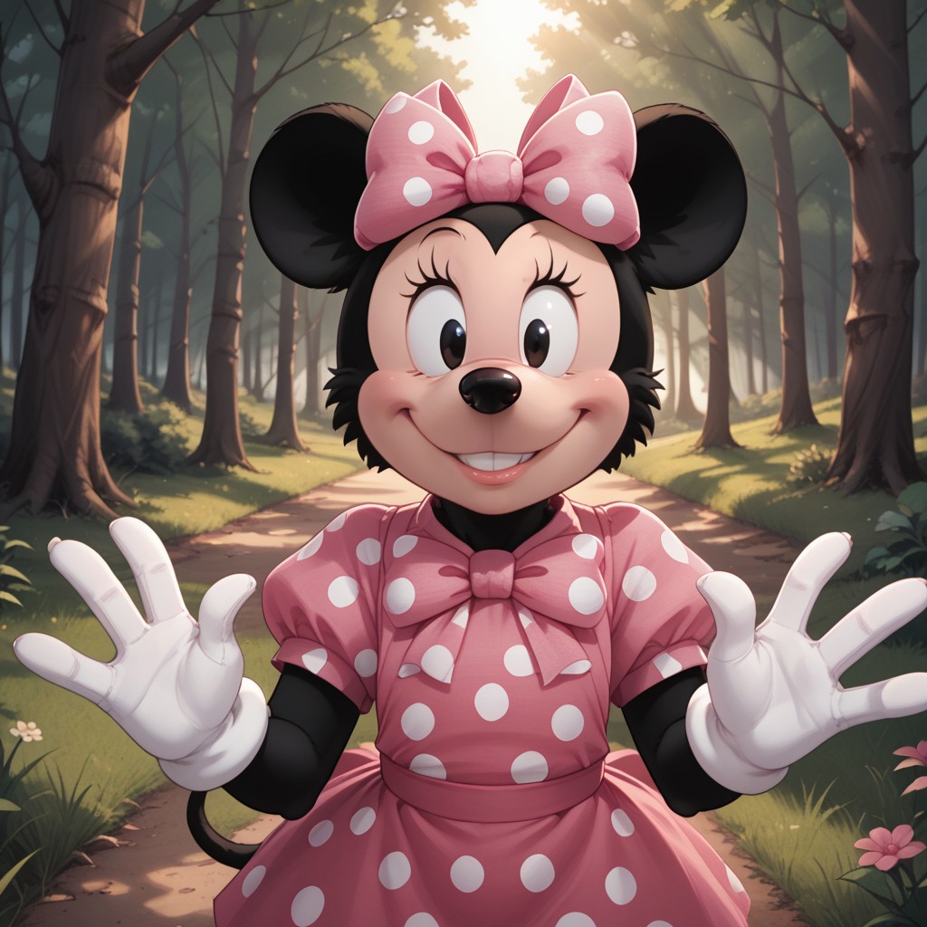 score_9, score_8, BREAK, solo, Minnie Mouse, mouse ears, thin black mouse tail, black fur, white gloves, pink bow with white polka dots on head, black eyes, long eyelashes, black nose, black fur body, cream colored face, self portrait, smile, looking at viewer, outdoors, sunlight, shadows, evening lighting, natural lighting, forest, trees, grass, orange sky, sunset