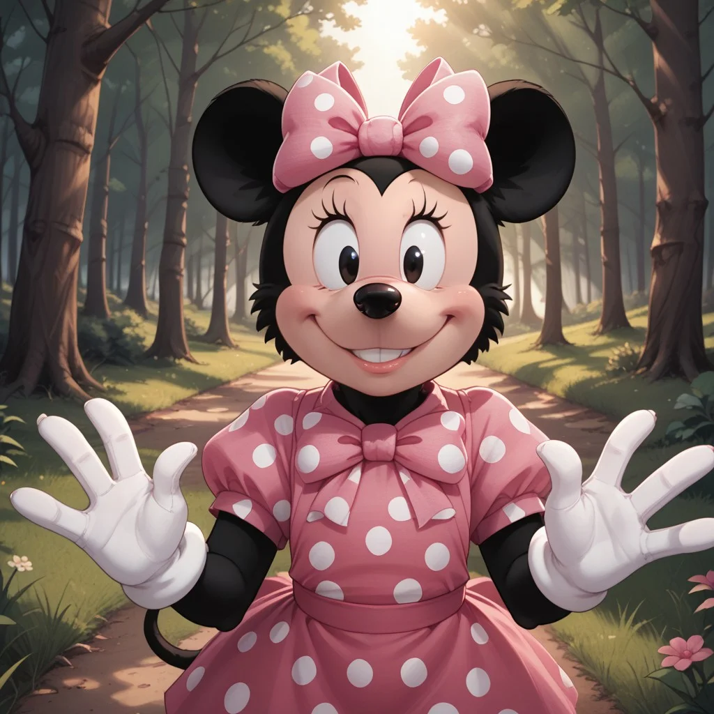 score_9, score_8, BREAK, solo, Minnie Mouse, mouse ears, thin black mouse tail, black fur, white gloves, pink bow with white polka dots on head, black eyes, long eyelashes, black nose, black fur body, cream colored face, self portrait, smile, looking at viewer, outdoors, sunlight, shadows, evening lighting, natural lighting, forest, trees, grass, orange sky, sunset