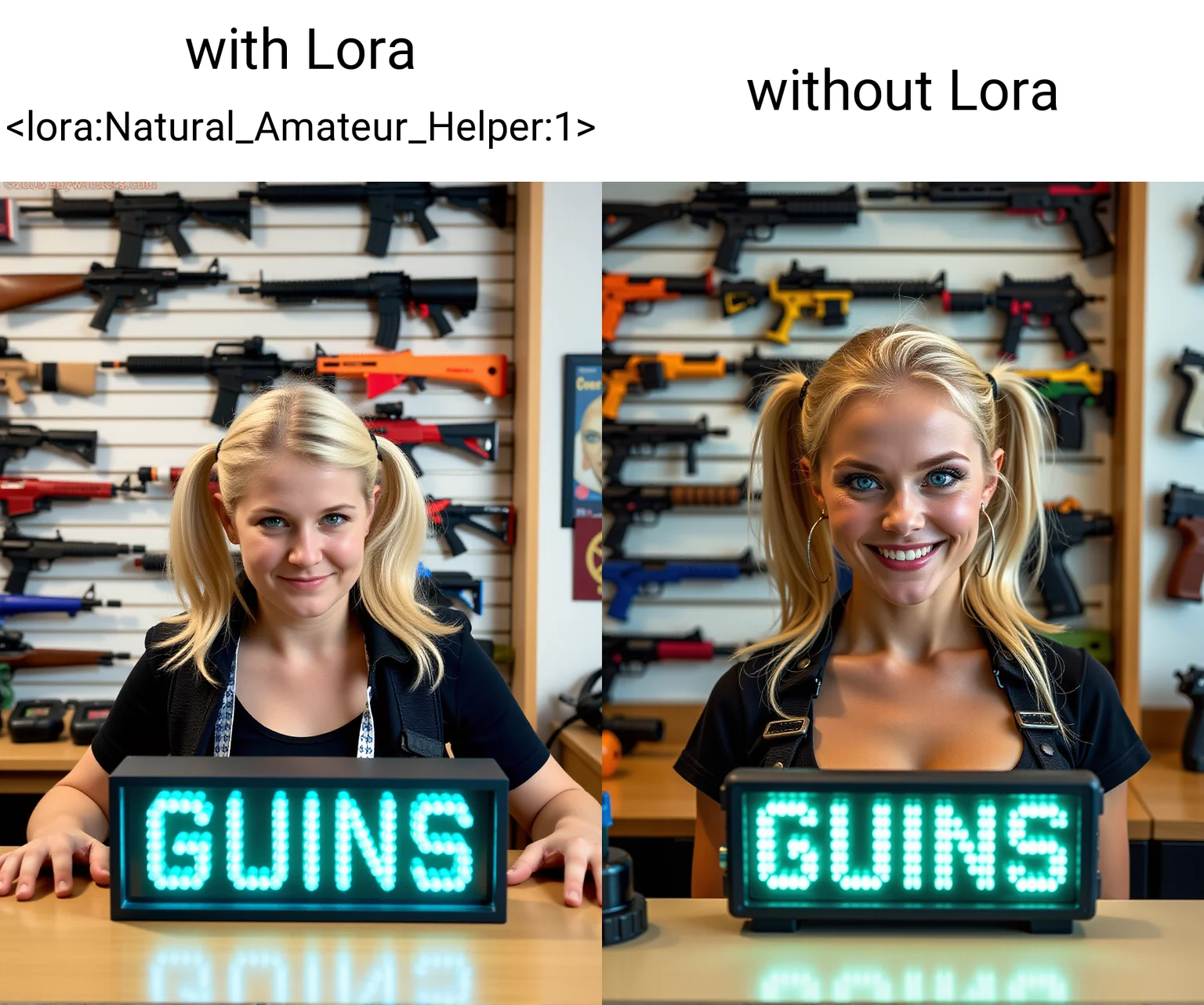Photography of a natural woman with blue eyes, she's grinning, she's standing behind the counter is a small weapons shop. there are lots of colorful futuristic guns displayed on the wall behind her. on the counter is a ((nixie tube)) lamp device displaying the text "GUNS" in glowing letters. she is looking menacingly at the viewer. she has blonde pigtails, with Lora <lora:Natural_Amateur_Helper:1>