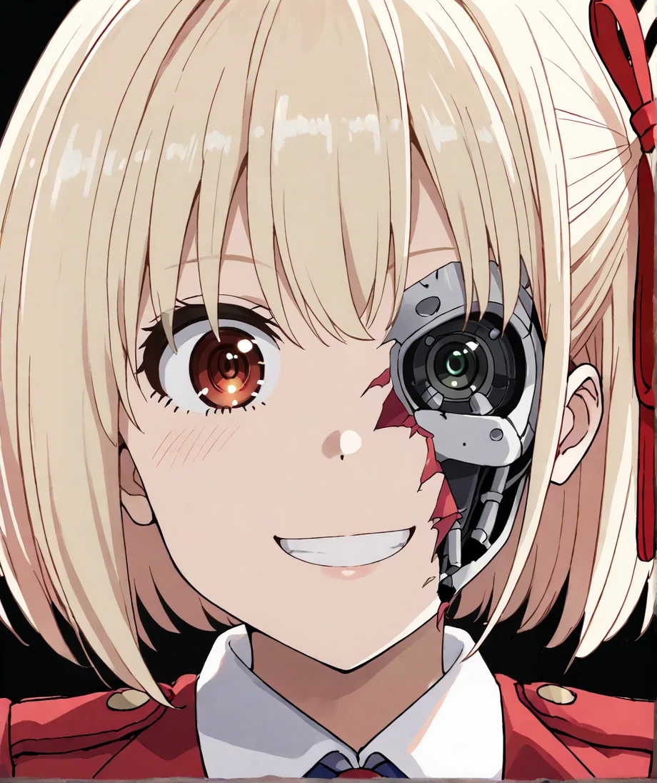score_9,score_8_up,score_7_up,score_6_up,score_5_up,score_4_up,source_anime,best quality,masterpiece,
<lora:half_cyborg_face_pony_v1:1>,half_cyborg_face,android,mechanical parts,damaged,cyborg,
1girl,solo,
<lora:chisato-nishikigi-s1-ponyxl-lora-nochekaiser:0.7>,chisato nishikigi,chisato nishikigi,
short hair,bangs,blonde hair,hair ribbon,one side up,bob cut,
shirt,long sleeves,dress,white shirt,collared shirt,red dress,lycoris uniform,
simple background,black background,looking at viewer,smile,grin,front view,upper body,close-up,