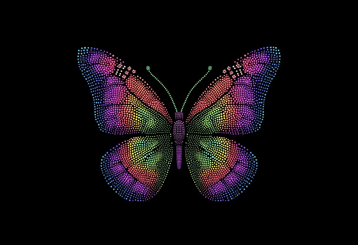 A vibrant butterfly with intricate wing patterns, made from glowing dots, in the style of PSYCHDOT, isolated on a solid black background