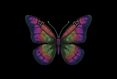 A vibrant butterfly with intricate wing patterns, made from glowing dots, in the style of PSYCHDOT, isolated on a solid black background