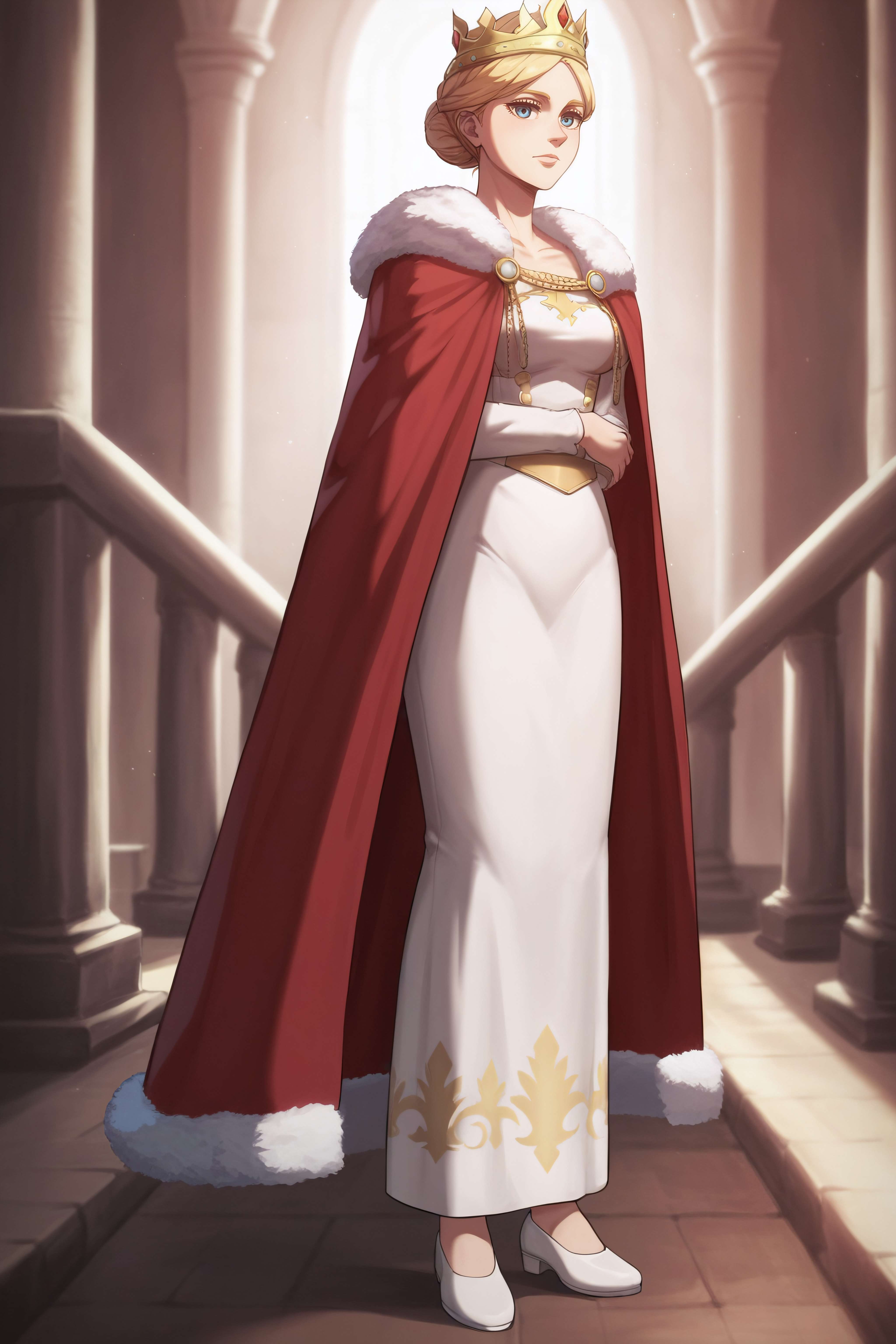 score_9, score_8_up, score_7_up, BREAK source_anime, <lora:historia reiss-PonyXL-lora-Faxtron:0.8> historia reiss, hair bun, medium breasts, long white dress, red cape, fur trim, crown, white shoes,
